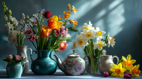 minimalistic less is more style of Bouquets of flowers in a teapot cup vase Tulips daffodils spring .jpg