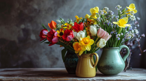minimalistic less is more style of Bouquets of flowers in a teapot cup vase Tulips daffodils spring .jpg