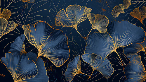 minimalistic less is more style of Luxury dark blue art background with ginkgo leaves hand drawn in .jpg