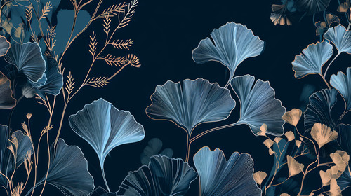 minimalistic less is more style of Luxury dark blue art background with ginkgo leaves hand drawn in .jpg