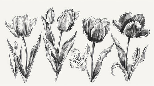 minimalistic less is more style of Set tulip flowers Hand drawn spring flowers Monochrome vector bot.jpg