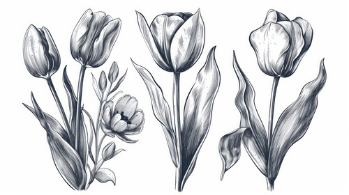 minimalistic less is more style of Set tulip flowers Hand drawn spring flowers Monochrome vector bot.jpg
