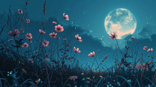 minimalistic less is more style of Flower blooming in the night in digital art painting illustration.jpg