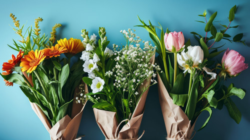 minimalistic less is more style of flower bouquets in wrapping and blooming plant gerberas and chamo.jpg
