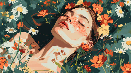 minimalistic less is more style of Young white woman with flowers in her hair lying on flowers enjoy.jpg