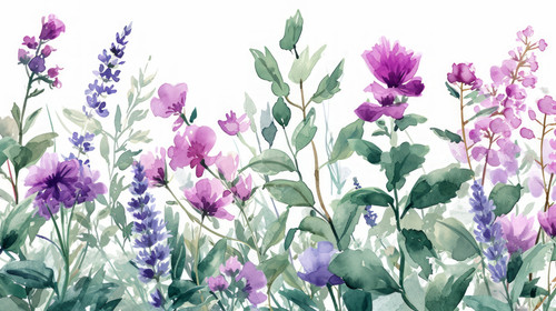 minimalistic less is more style of Wild field herbs flowers Watercolor seamless border illustration .jpg