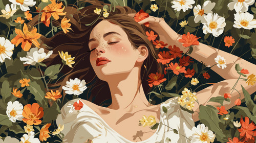minimalistic less is more style of Young white woman with flowers in her hair lying on flowers enjoy.jpg