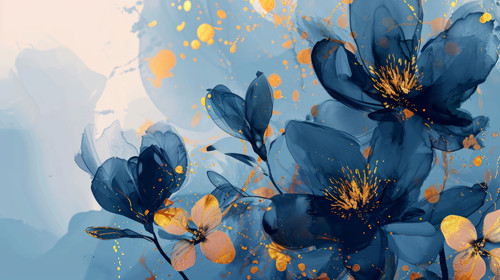 minimalistic less is more style of Luxury floral blue abstract background with gold hand drawn flowe.jpg