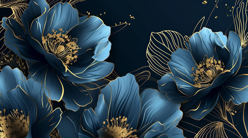 minimalistic less is more style of Luxury floral blue abstract background with gold hand drawn flowe.jpg