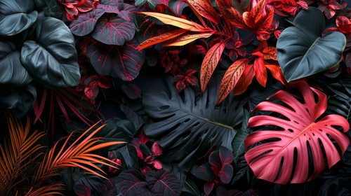 minimalistic less is more style of many brightly colored tropical plants are on a black wall AI gene.jpg