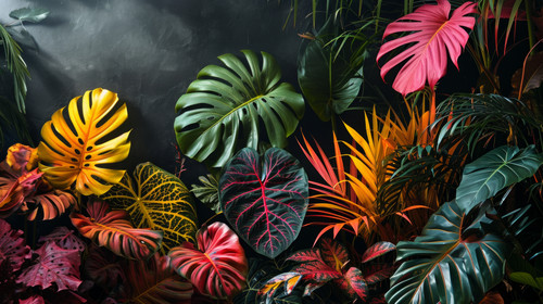 minimalistic less is more style of many brightly colored tropical plants are on a black wall AI gene.jpg