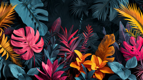 minimalistic less is more style of many brightly colored tropical plants are on a black wall AI gene.jpg