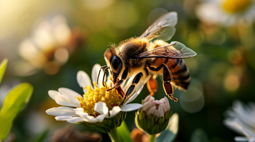 minimalistic less is more style of Honey bee sits on a flower and collects nectar Closeup of a worki.jpg