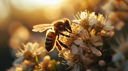 minimalistic less is more style of Honey bee sits on a flower and collects nectar Closeup of a worki.jpg