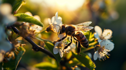 minimalistic less is more style of Honey bee sits on a flower and collects nectar Closeup of a worki.jpg
