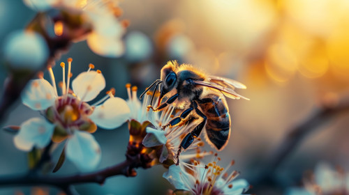 minimalistic less is more style of Honey bee sits on a flower and collects nectar Closeup of a worki.jpg