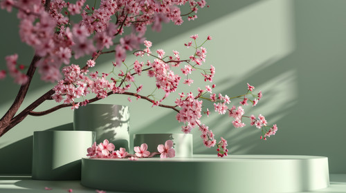minimalistic less is more style of illustration for 3d background green podium round display sakura .jpg
