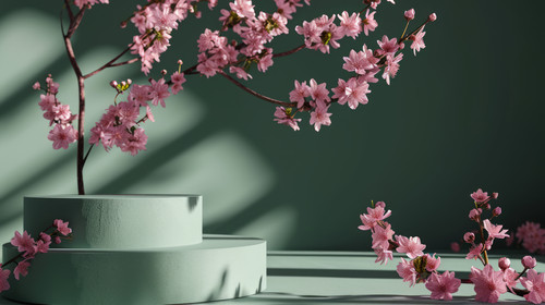 minimalistic less is more style of illustration for 3d background green podium round display sakura .jpg