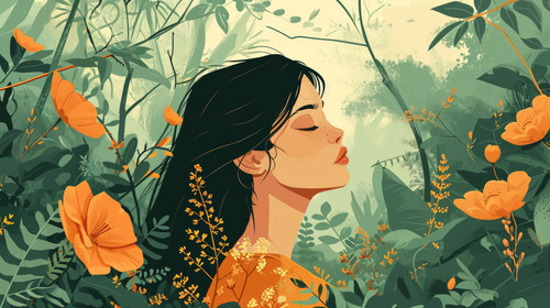 minimalistic less is more style of Beautiful woman surrounded by nature illustration ar 169 00063 02.jpg