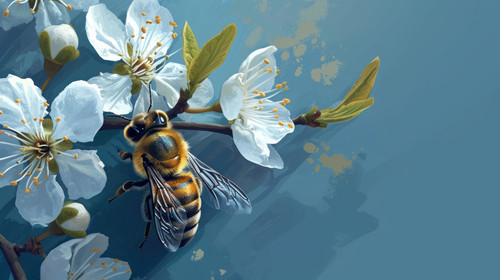 minimalistic less is more style of Blue Bee and flower icon isolated on blue background Sweet natura.jpg
