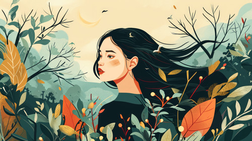 minimalistic less is more style of Beautiful woman surrounded by nature illustration ar 169 00063 03.jpg