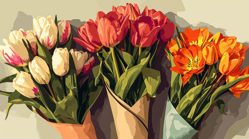 minimalistic less is more style of Three bouquets of Tulips Bouquet of spring fresh flowers wrapped .jpg