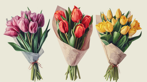 minimalistic less is more style of Three bouquets of Tulips Bouquet of spring fresh flowers wrapped .jpg
