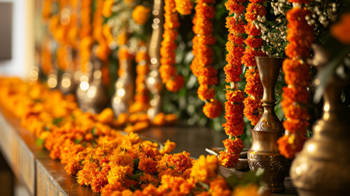 minimalistic less is more style of traditional zendu flower garland backdrop for spiritual event ar .jpg