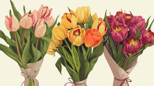 minimalistic less is more style of Three bouquets of Tulips Bouquet of spring fresh flowers wrapped .jpg