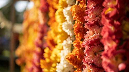 minimalistic less is more style of traditional zendu flower garland backdrop for spiritual event ar .jpg