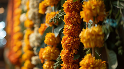 minimalistic less is more style of traditional zendu flower garland backdrop for spiritual event ar .jpg
