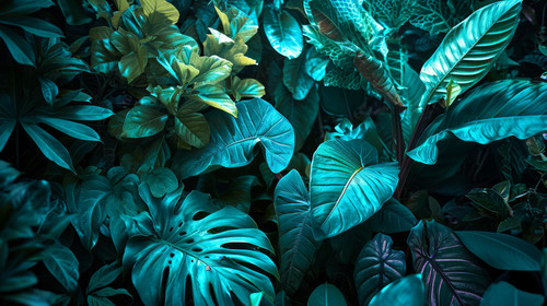 minimalistic less is more style of Tropical Leaves Illuminated with Blue and Green ar 169 00277 02.jpg