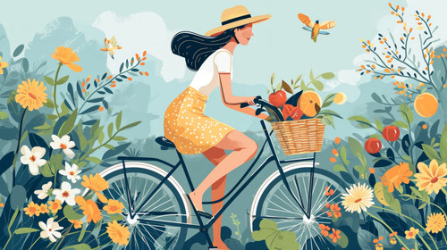 minimalistic less is more style of Top view of woman riding city bicycle in summer Cyclist on retro .jpg
