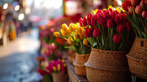 minimalistic less is more style of market vendor carefully arranging tulip bouquets in woven baskets.jpg