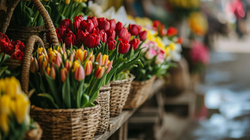 minimalistic less is more style of market vendor carefully arranging tulip bouquets in woven baskets.jpg
