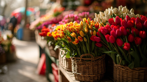 minimalistic less is more style of market vendor carefully arranging tulip bouquets in woven baskets.jpg