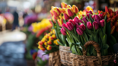 minimalistic less is more style of market vendor carefully arranging tulip bouquets in woven baskets.jpg