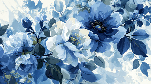 minimalistic less is more style of Mural Bloom Chinoiserie inspired Vintage floral illustration Blue.jpg
