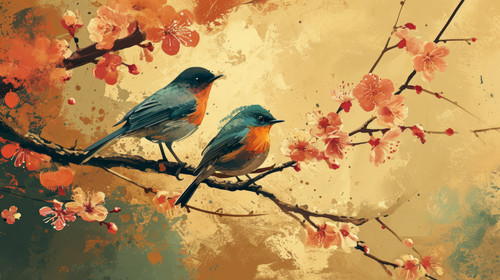 minimalistic less is more style of painting style illustration wallpaper of two birds on blossom tre.jpg
