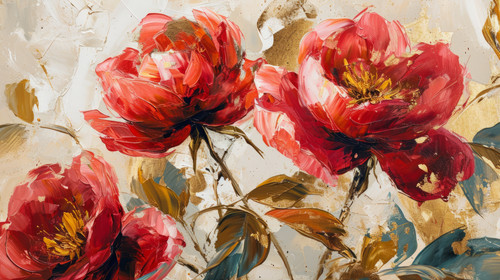 minimalistic less is more style of Oil painting with flower rose peonies gold leaves Botanical print.jpg