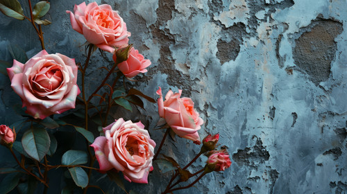 minimalistic less is more style of Pink Little Roses on a Old Gray Wall Vintage Background with Rose.jpg