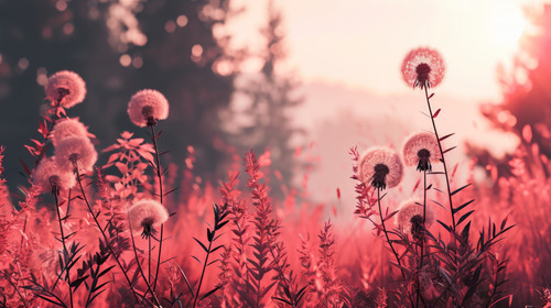 minimalistic less is more style of Pink panoramic nature scene with dandelions and plants AI generat.jpg