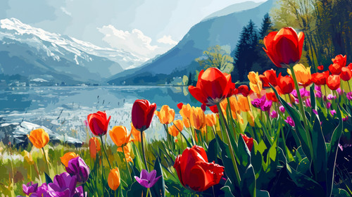 minimalistic less is more style of painting style illustration of beautiful tulips flower field blos.jpg