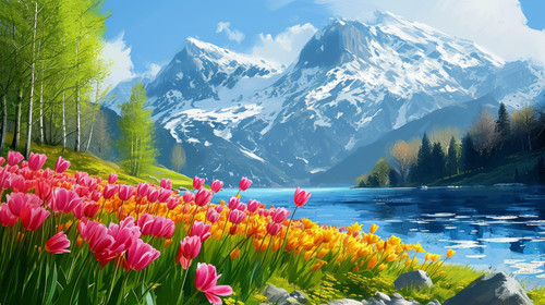 minimalistic less is more style of painting style illustration of beautiful tulips flower field blos.jpg