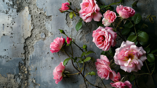 minimalistic less is more style of Pink Little Roses on a Old Gray Wall Vintage Background with Rose.jpg