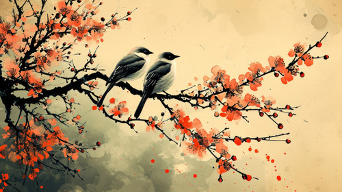 minimalistic less is more style of painting style illustration wallpaper of two birds on blossom tre.jpg