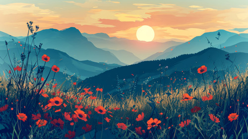 minimalistic less is more style of Vector illustration of spring landscape Mountains grass and meado.jpg