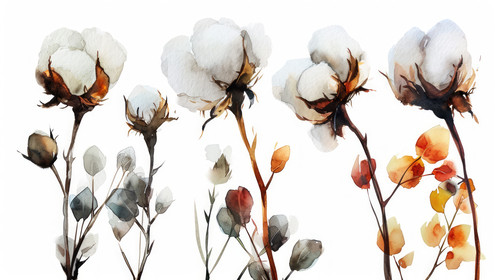 minimalistic less is more style of Watercolor cotton flowers set isolated on white background Hand d.jpg