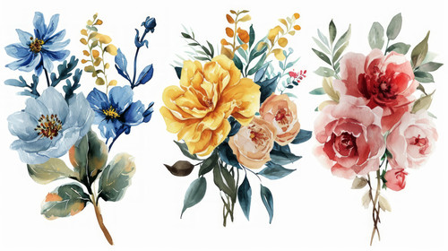 minimalistic less is more style of Watercolor floral bouquet illustration set blush pink blue yellow.jpg