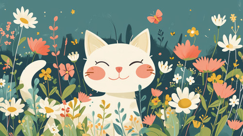minimalistic less is more style of illustration of cute animal smile face in spring flower gardens i.jpg